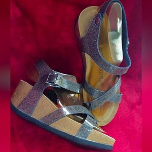 Project Cloud Black Glitter Cork Heels Wedge Sandals for Women - Black - Size 10